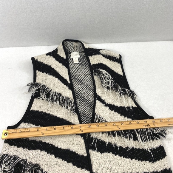 Chicos Zebra Print Fringe Vest Womens Small Open Front Cardigan Boho Black Cream - Picture 6 of 9